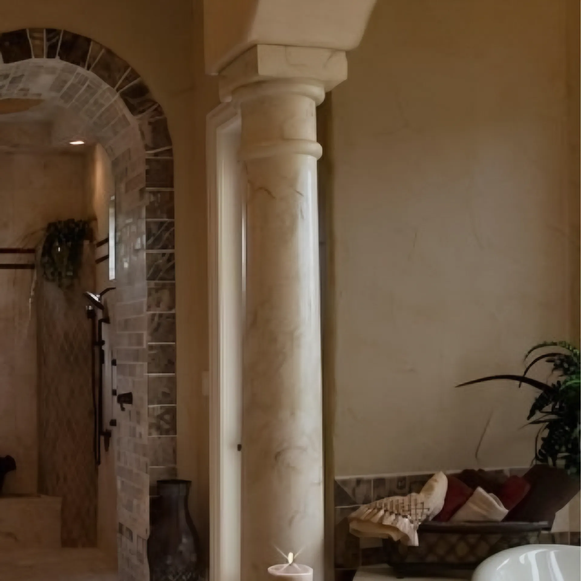 Spanish Cream Marfil Doric Marble Column in Bathroom