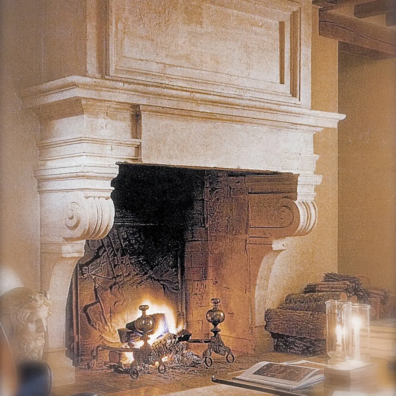 French Limestone Fireplace Mantle With Over