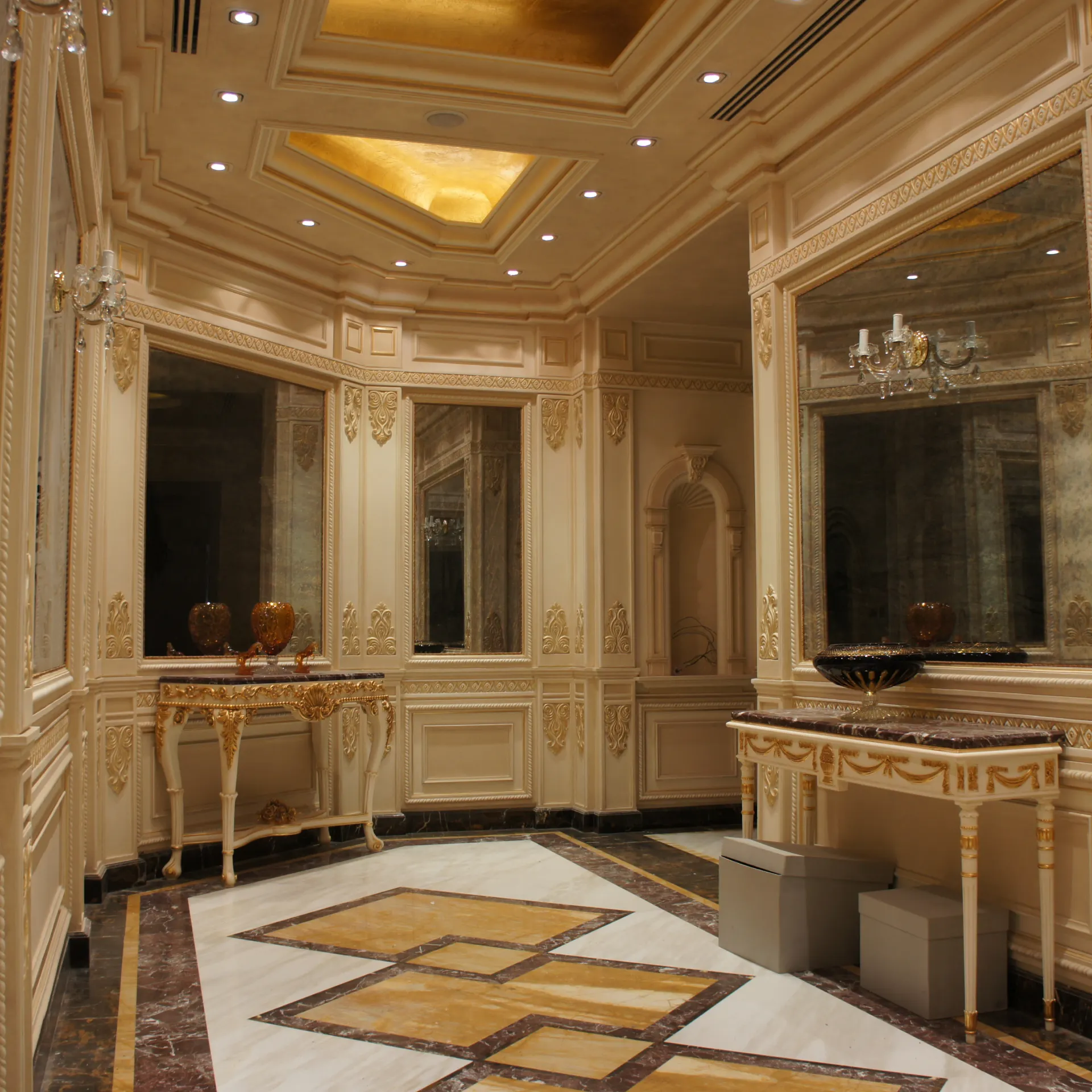 Giallo Siena Marble Floor with Golden Motifs in a Private Setting