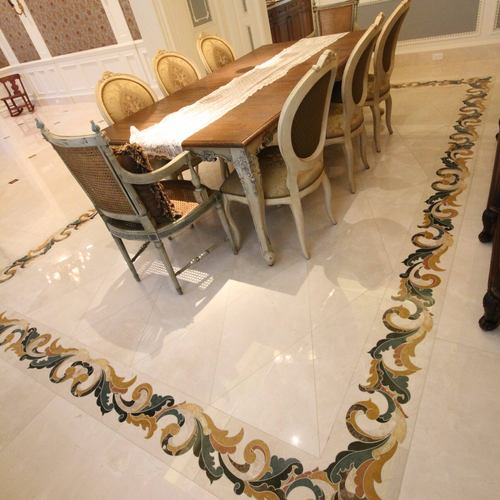 Custom Marble Flooring for Dining Room with Water Jet Cut Design in Texas