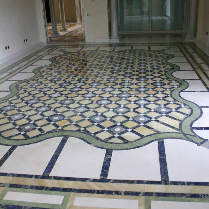 Bianco Tasos Marble Floor with Water Jet Cut – Dining Room