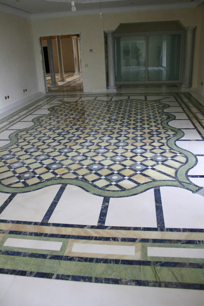 Bianco Tasos Marble Floor with Water Jet Cut – Dining Room