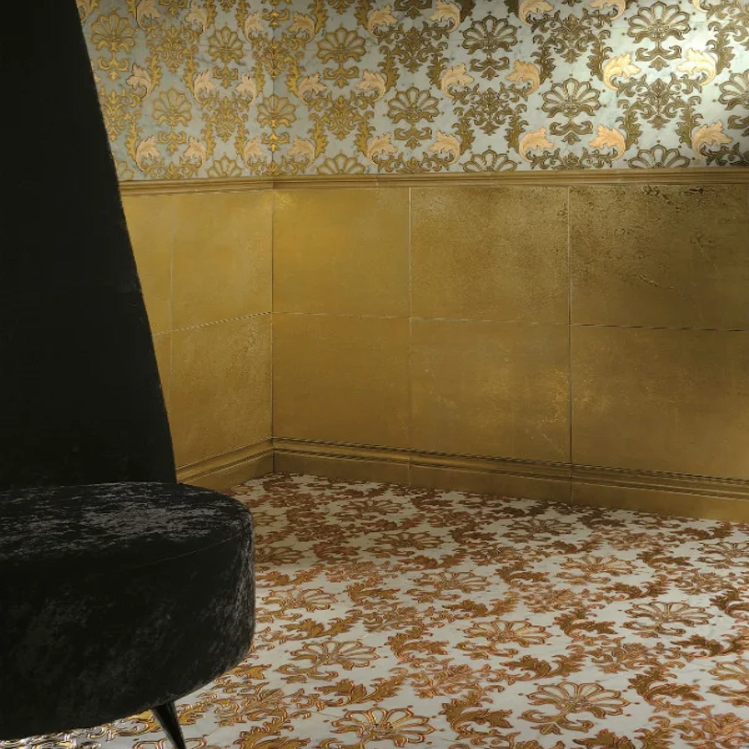 Spanish Crema Marble Powder Room with Gold Leaf Accents
